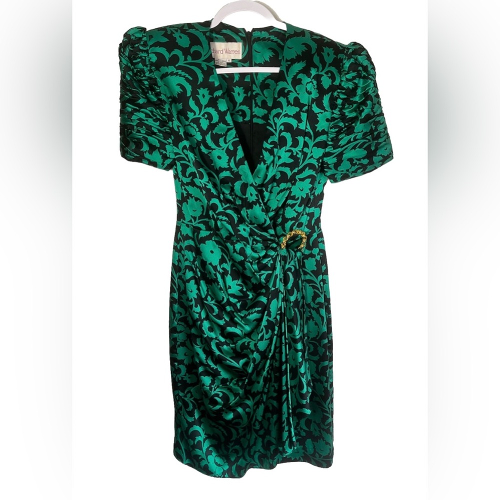 Vtg Richard Warren Green and Black Patterned Shoulder Silk 1980s Dynasty Dress 6